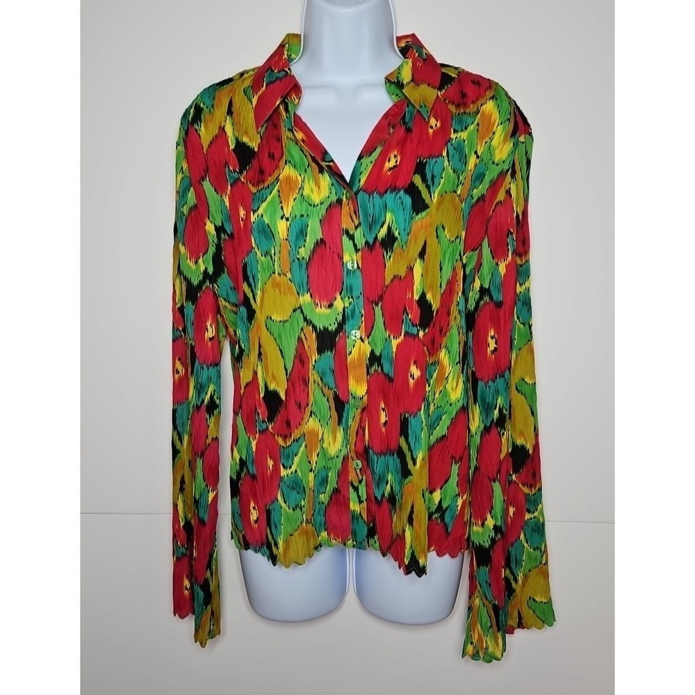 Milano Womens Multicolor Crinkle Button Front Long Sleeve Blouse Size Large